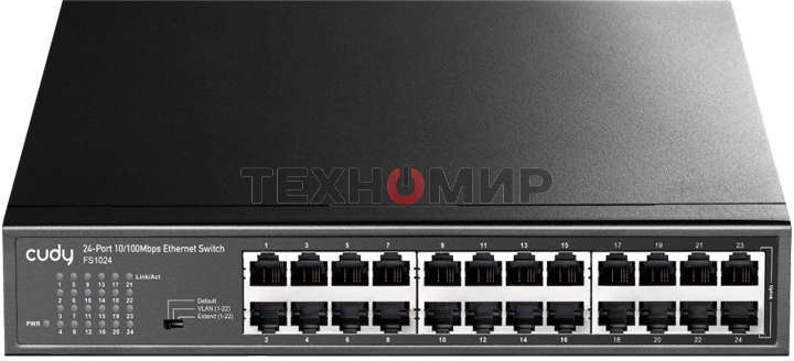 Коммутатор 24-Port 10/100 Mbps Switch, 24 10/100 Mbps RJ45 Ports, Switch/VLAN/Extend working mode DIP switch, Rack-mountable Steel Case, Power Saving, Plug & Play, Rack-Mount kits included