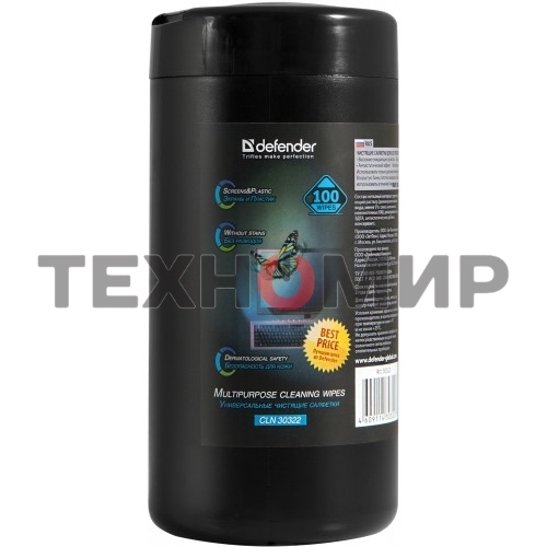 Чистящие салфетки Defender для экранов всех типов/нетканый материал/антистатик/туба/100 шт/Россия.
