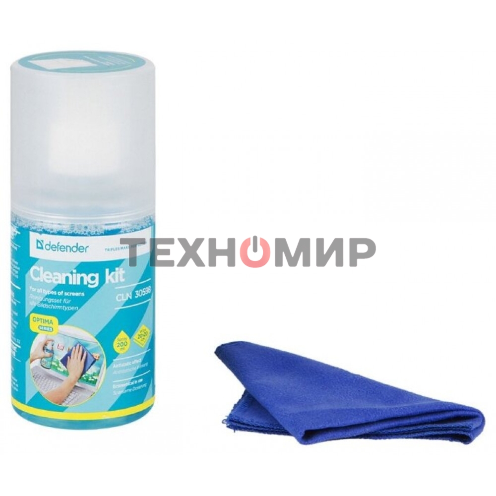 Чистящий спрей Defender для экранов/пластиковый флакон с пульверизатором 200 мл + микрофибра 20 х 20 см/Беларусь