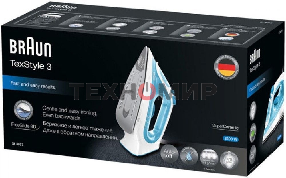 Утюг Braun SI3053BL голубой/белый, 2400 Вт, 45 г/мин, 170 г/мин, 270 мл