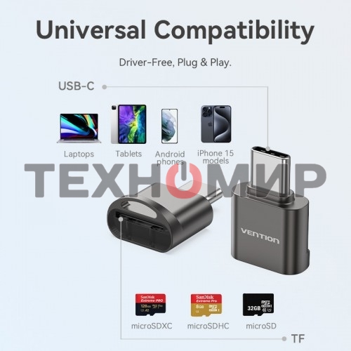Кард-ридер Vention CLMH0/серый/OTG USB 2.0 CM/MicroSD/USB Type-C/металл