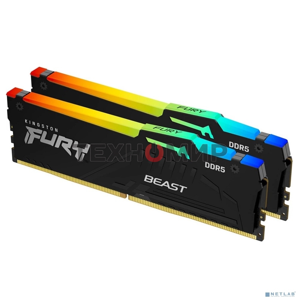 Оперативная память Kingston Fury Beast, DDR5, 32Gb (2x16 Gb), 6400 MHz, CL32, радиатор, RGB, черный