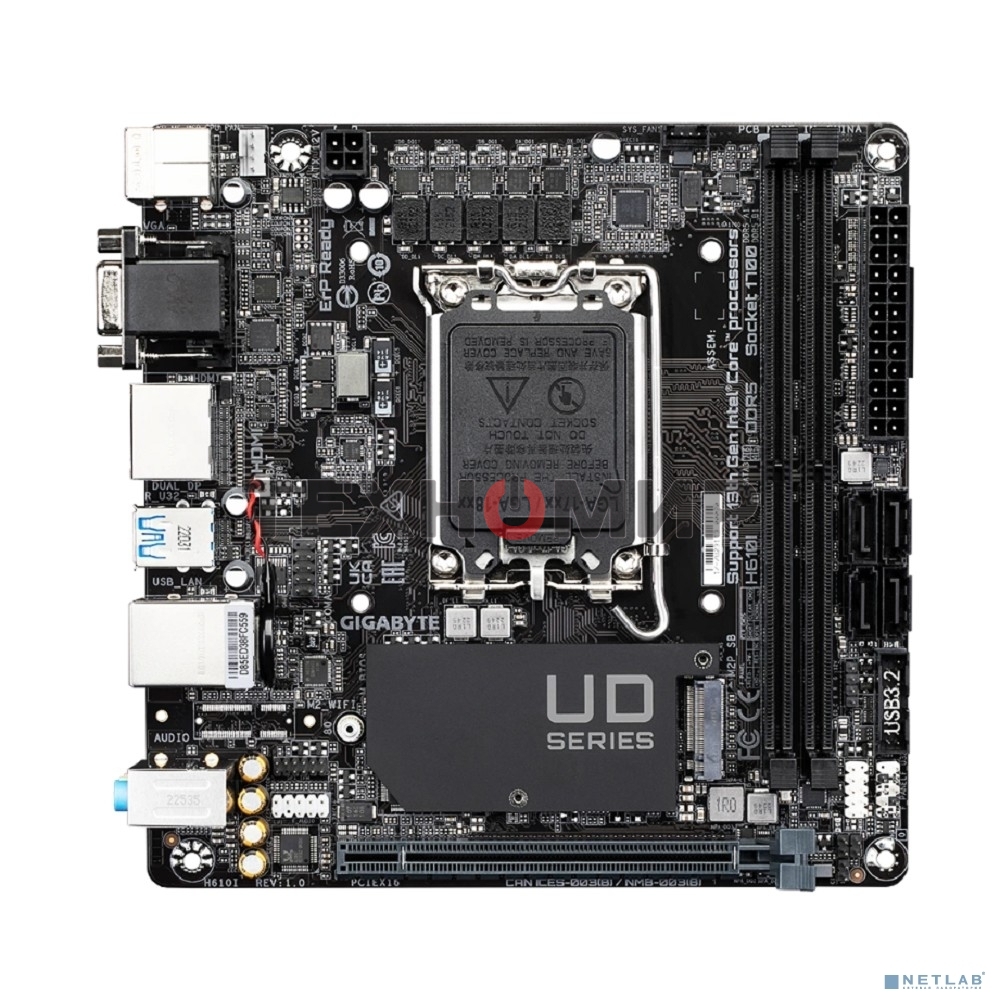 Материнская плата Gigabyte H610I, LGA 1700, Intel H610, 2xDDR5, 4xSATA, 1xM.2, 1xPCIe 4.0 x16, 1xHDMI, 1xVGA, 2xDP, 1x 1Gb LAN, 2xUSB-A 3.2 Gen 1, 4xUSB-A 2.0, 3x 3.5 мм, 7.1, Mini-ITX