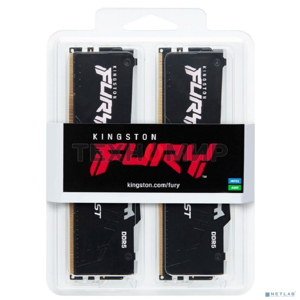 Оперативная память Kingston Fury Beast, DDR5, 32Gb (2x16 Gb), 6400 MHz, CL32, радиатор, RGB, черный