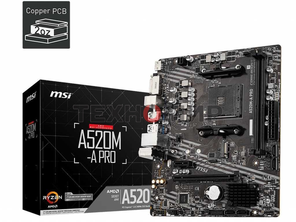 Материнская плата MSI A520M-A PRO, AM4, AMD A520, 2xDDR4, 4xSATA, 1xM.2, 1xPCIe 3.0 x16, 1xDVI-D, 1xHDMI, 1x 1Gb LAN, 2xUSB 2.0, 4xUSB 3.2 Gen 1, 3x3.5 мм, 7.1, mATX