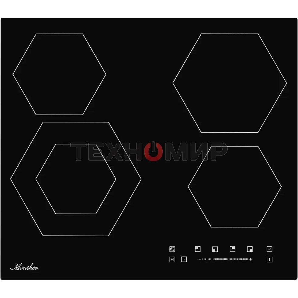 Встраиваемые электрические панели Monsher MHE 6012 Независимая стеклокерамическая варочная панель,Ширина 60 см, 4 зоны ускоренного нагрева,Электронное сенсорное управление,5 цифровых дисплеев, 9 уровней мощности, 1 двойная зона нагрева, таймер, индикаторы