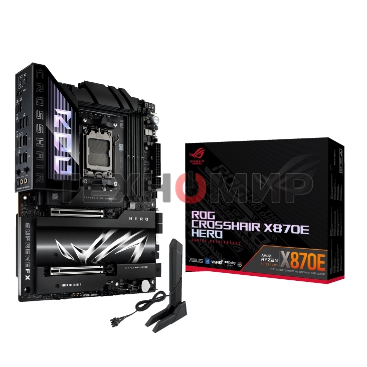 Материнская плата ASUS ROG CROSSHAIR X870E HERO, AM5, AMD X870E, 4xDDR5, 4xSATA, 5xM.2, 2xPCI-E 5.0 x16, 1xHDMI, 2xUSB-C (видео), 2x 5Gb LAN, 6xUSB-A 3.2 Gen 2, 2xUSB-C 3.2 Gen 2, 2xUSB4, 2x3.5 мм, 7.1, ATX