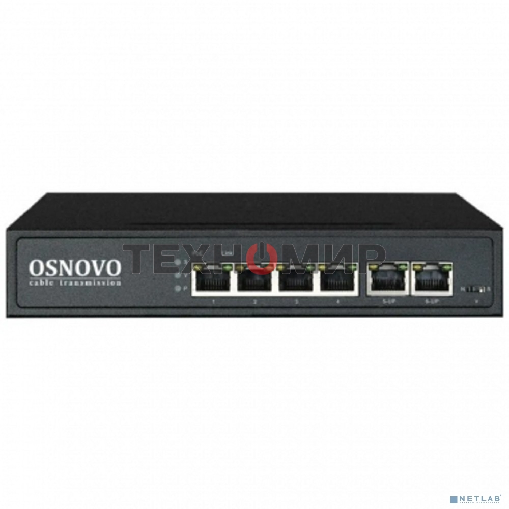 Коммутатор Osnovo SW-20600(80W) PoE коммутатор 6 портов, 4 PoE порта 10/100 Base-T, 2*10/100 Base-T Uplink, до 30W на порт, суммарно до 80W