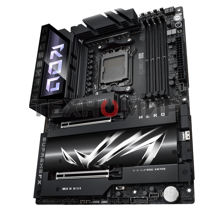 Материнская плата ASUS ROG CROSSHAIR X870E HERO, AM5, AMD X870E, 4xDDR5, 4xSATA, 5xM.2, 2xPCI-E 5.0 x16, 1xHDMI, 2xUSB-C (видео), 2x 5Gb LAN, 6xUSB-A 3.2 Gen 2, 2xUSB-C 3.2 Gen 2, 2xUSB4, 2x3.5 мм, 7.1, ATX