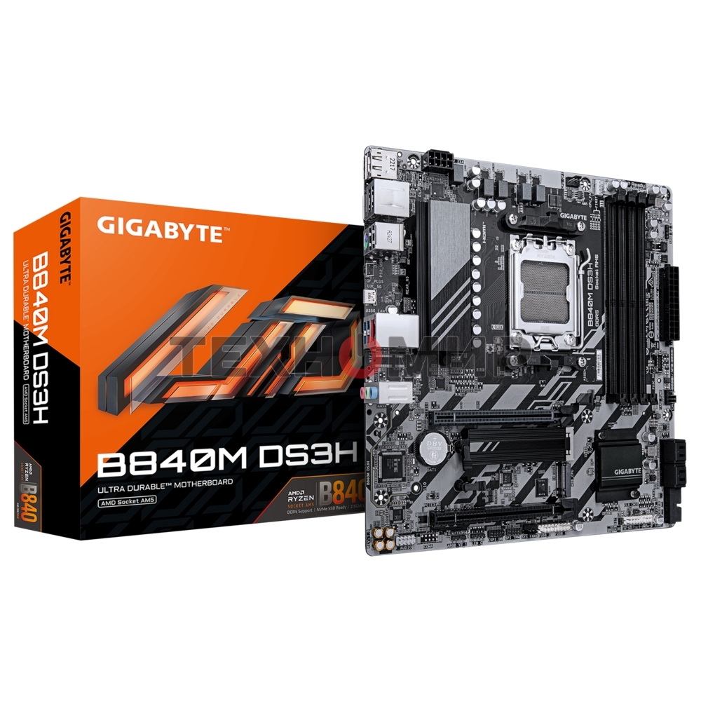 Материнская плата Gigabyte B840M DS3H, AM5, AMD B840, 4xDDR5, 4xSATA, 2xM.2, 1xPCIe 4.0 x16, 1xPCIe 3.0 x4, 2xDP, 1xHDMI, 1x2.5Gb LAN, 3xUSB-A 5Gbps, 8xUSB-A 2.0, 1xUSB-C 5Gbps, 3x3.5 мм, 7.1, mATX