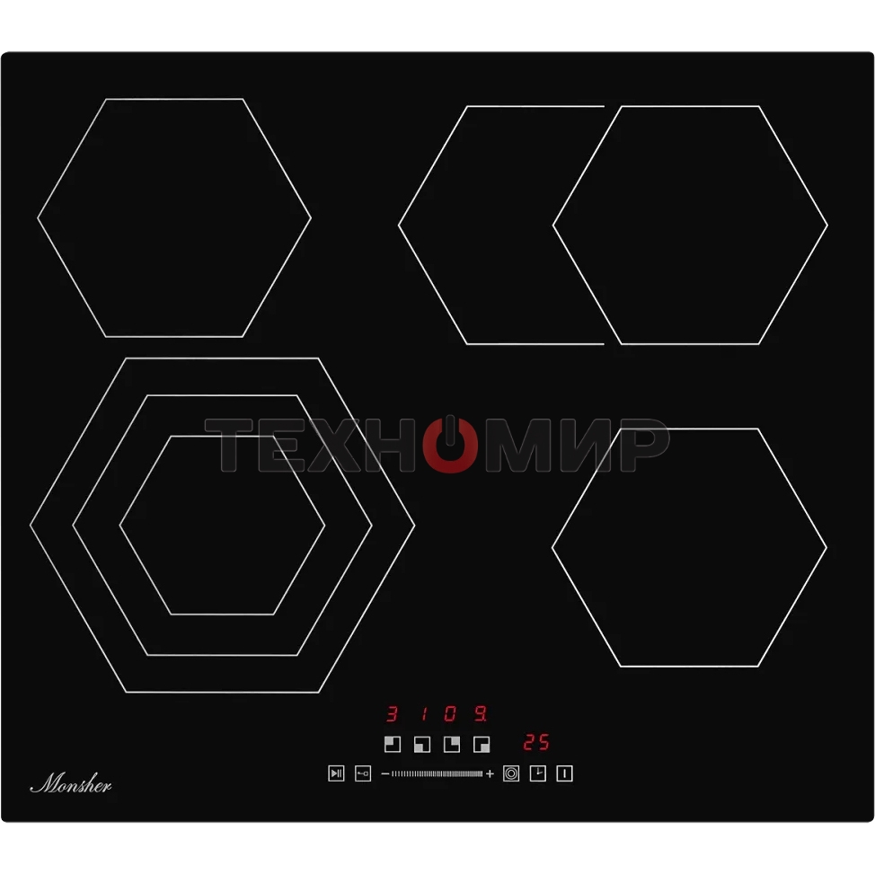 Встраиваемые электрические панели Monsher MHE 6019 Независимая стеклокерамическая варочная поверхность,Ширина 60 см, 4 зоны ускоренного нагрева,Электронное сенсорное управление,5 цифровых дисплеев, 9 уровней мощности, 1 двойная зона нагрева, 1 овальная зо
