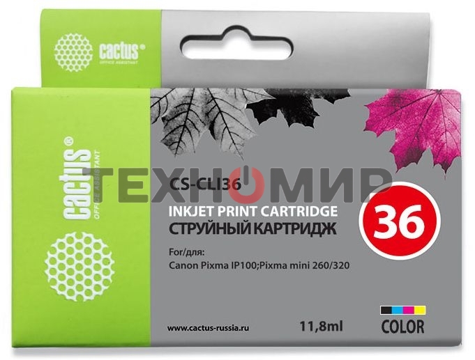 Картридж струйный Cactus CS-CLI36 цветной (11.8 мл.) для Canon Pixma iP 100/MiNi 260