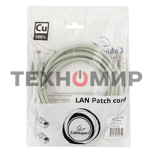 Патч-корд медный UTP Cablexpert PP10-3M cat.5e, 3м, литой, многожильный, серый
