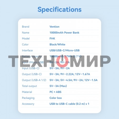 Портативный аккумулятор Vention 10000mAh(M/C-A/A)22.5W белый с LED Дисплеем