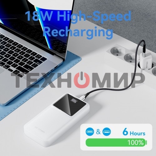 Портативный аккумулятор Vention 20000mAh(M/C-A/A)22.5W Черный с LED Дисплеем