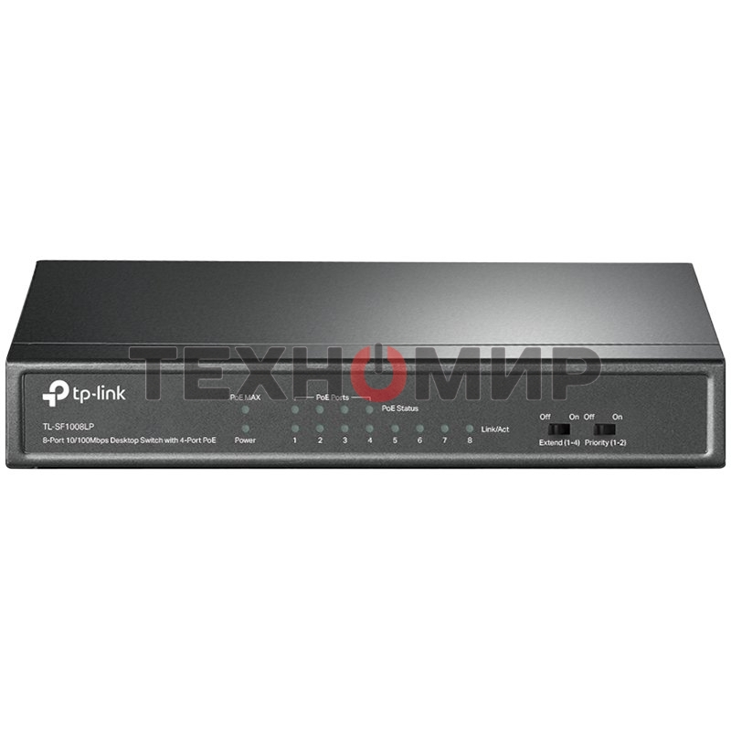 Коммутатор TP-Link 8-Port 10/100Mbps Unmanaged Switch with 4-Port PoE, metal case, desktop mount, PoE budget 41W.