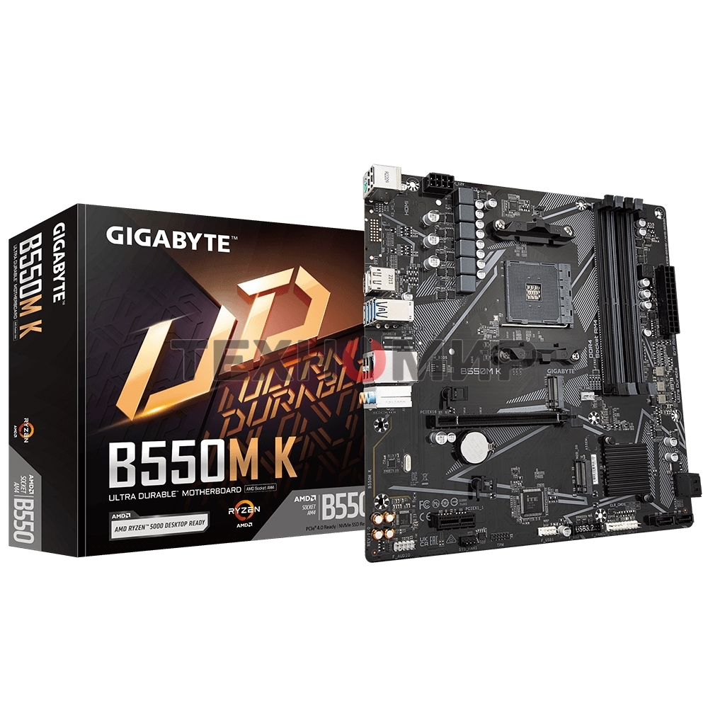 Материнская плата Gigabyte B550M K, AM4, AMD B550, 4xDDR4, 4xSATA, 2xM.2, 1xPCIe 4.0 x16, 1xPCIe x1, 1xHDMI, 1xDP, 1x 1Gb LAN, 4xUSB-A 3.2 Gen 1, 4xUSB-A 2.0, 3x3.5 мм, 7.1, mATX