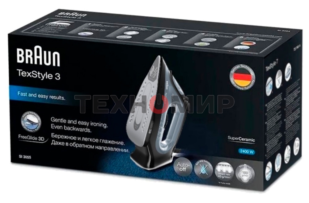Утюг Braun SI3055BK черный/серый, 2400 Вт, 45 г/мин, 180 г/мин, 270 мл