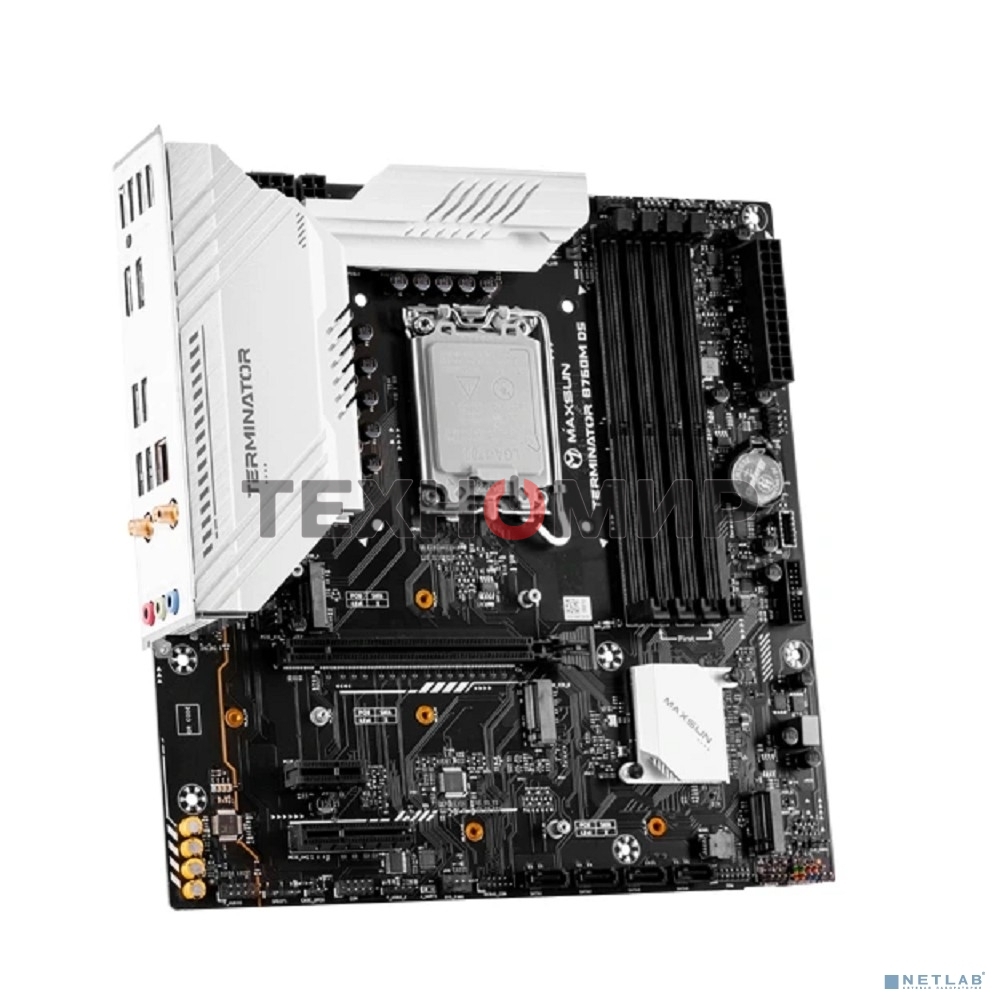 Материнская плата MAXSUN MS-Terminator B760M D5 WIFI 6E, LGA1700, Intel B760, 4xDDR5, 4xSATA, 3xM.2, 1xPCIe 5.0 x16, 1xPCIe 4.0 x4, 1xPCIe 3.0 x1, 1xHDMI, 1xDP, 1x2.5Gb LAN, Wi-Fi 6E, Bluetooth 5.3, 2xUSB-A 10Gbps, 6xUSB-A 2.0, 3x3.5 мм, 5.1, mATX