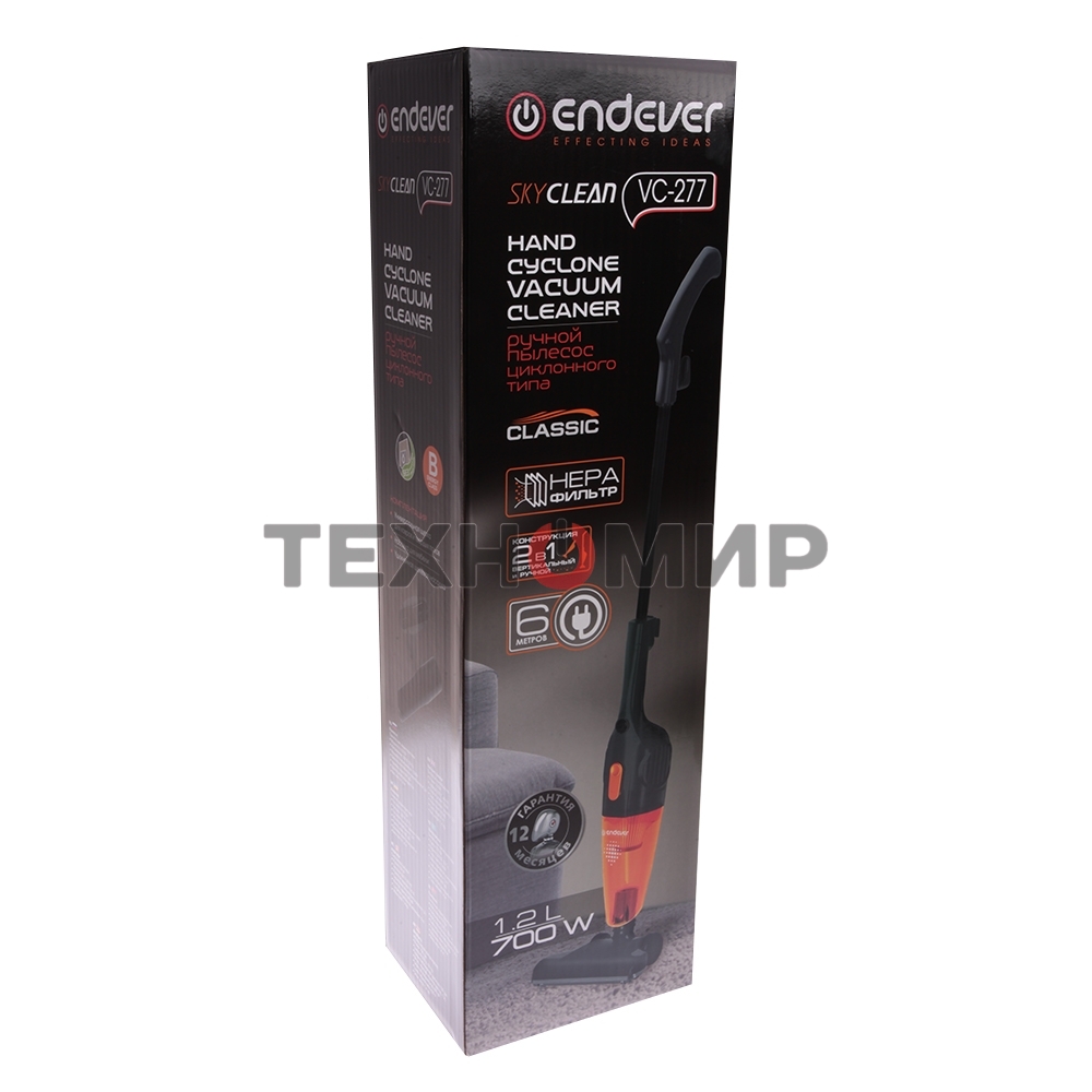 Пылесос вертикальный циклонного типа Endever SkyClean VC-277, темно-серый/оранжевый, мощность 700 Вт, циклонная система фильтрации, 6 шт/уп