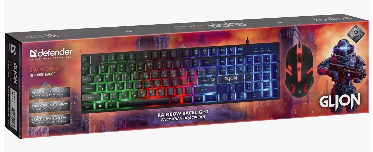 Комплект клавиатура+мышь Defender Glion C-123 проводной, USB, 1600 DPI, чёрный