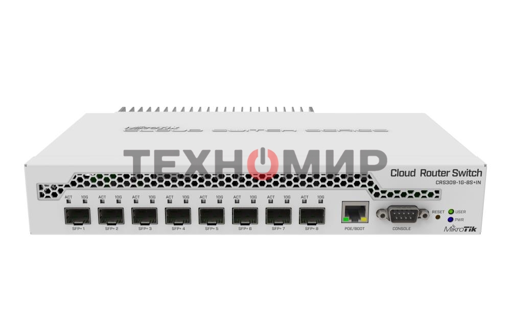 Коммутатор MikroTik CRS309-1G-8S+IN 8 SFP+, dual-core 800MHz CPU, 512MB RAM, POE, RS232 serial port