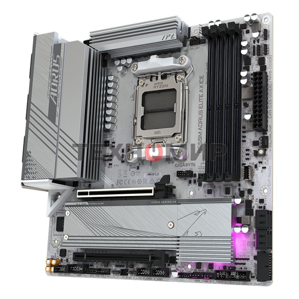 Материнская плата GIGABYTE B650M AORUS ELITE AX ICE, AM5, AMD B650, 4xDDR5, 4xSATA, 2xM.2, 1xPCIe 4.0 x16, 1xPCIe 4.0 x4, 1xDP, 1xHDMI, 1x2.5Gb LAN, Wi-Fi 6E, Bluetooth 5.3, S/PDIF, 2xUSB-C 10Gbps, 2xUSB-A 10Gbps, 5xUSB-A 5Gbps, 4xUSB-A 2.0, 2x3.5 мм, 7.1