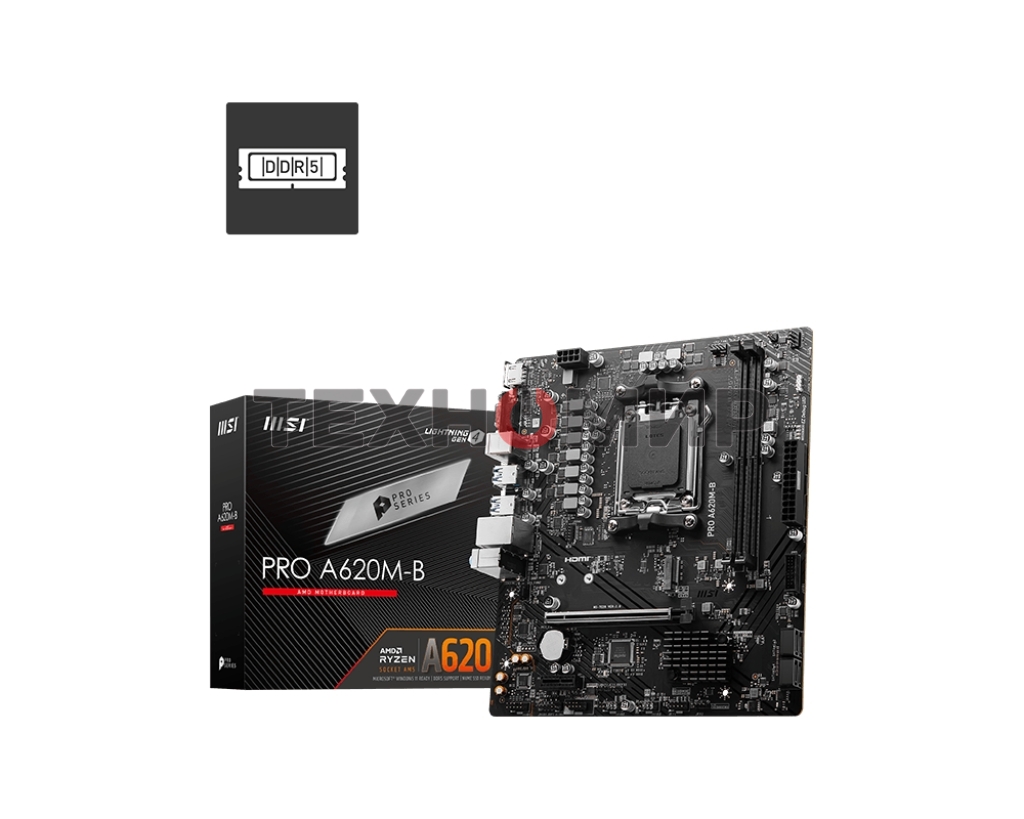 Материнская плата MSI PRO A620M-B, AM5, AMD A620, 2xDDR5, 4xSATA, 1xM.2 (PCIe 4.0 x4), 1xPCIe 4.0 x16, 1xPCIe 3.0 x1, 1xHDMI, 1xVGA, 1x2.5Gb LAN, 6xUSB-A 5Gbps, 6xUSB-A 2.0, 3x3.5 мм, 7.1, mATX
