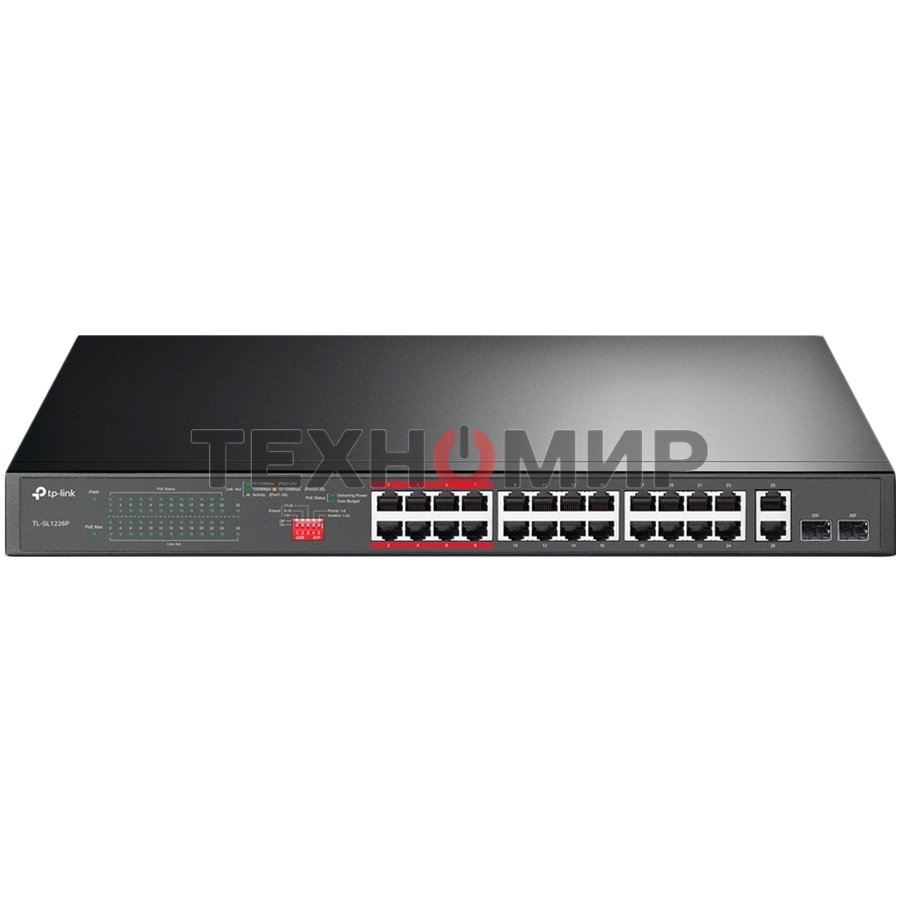 Коммутатор 24-port 10/100Mbps Unmanaged PoE+ Switch with 2 combo RJ-45/SFP uplink ports, metal case, rack mount, 24 802.3af/at compliant PoE+ ports, 2 gigabit combo RJ-45/SFP uplink ports, DIP switches for Extend mode, Isolation mode and Priority mode, up