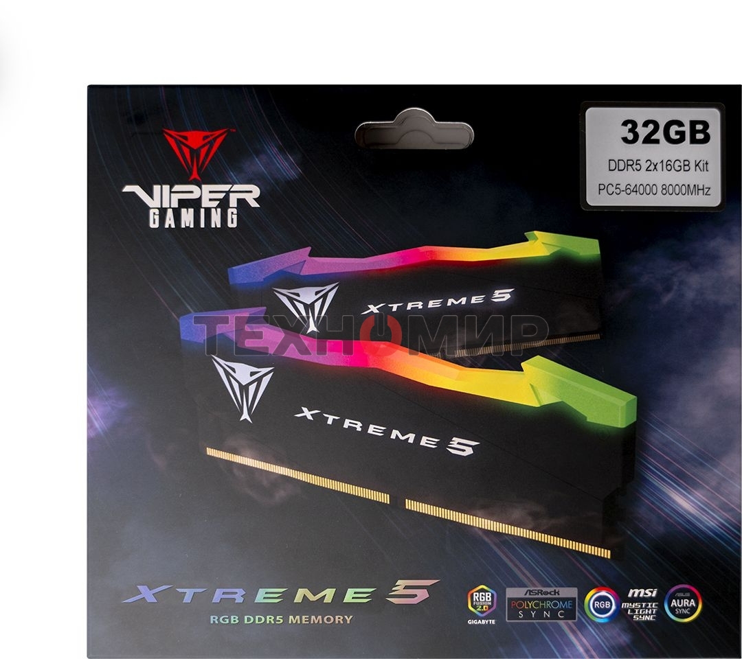 Оперативная память Patriot Viper Xtreme 5, DDR5, 32GB (2x16GB), 8000MHz, CL38, DIMM, с радиаторами, RGB, черный