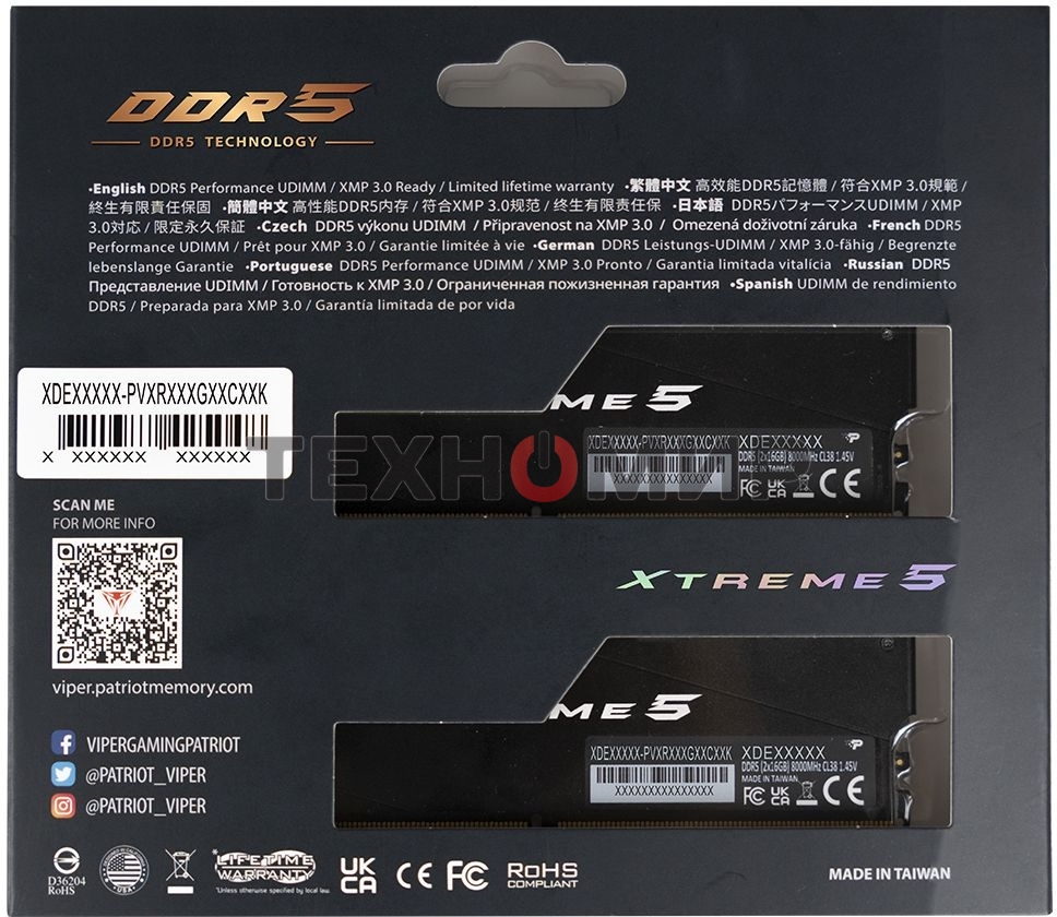 Оперативная память Patriot Viper Xtreme 5, DDR5, 32GB (2x16GB), 8000MHz, CL38, DIMM, с радиаторами, RGB, черный