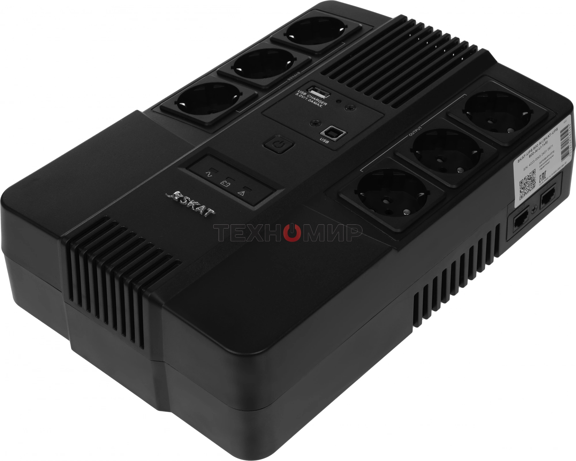 Источник бесперебойного питания SKAT-UPS 800 AI ИБП 220В 480Вт 1 АКБ 9А.ч внутр. меандр. стаб-ция напр-я. 6 выходов Бастион 452