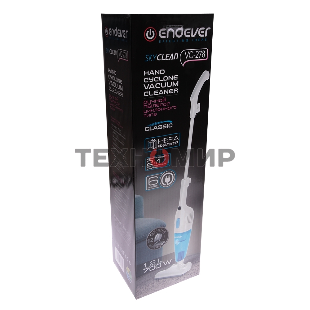 Пылесос вертикальный циклонного типа Endever SkyClean VC-278, белый/голубой, мощность 700 Вт, циклонная система фильтрации, 6 шт/уп