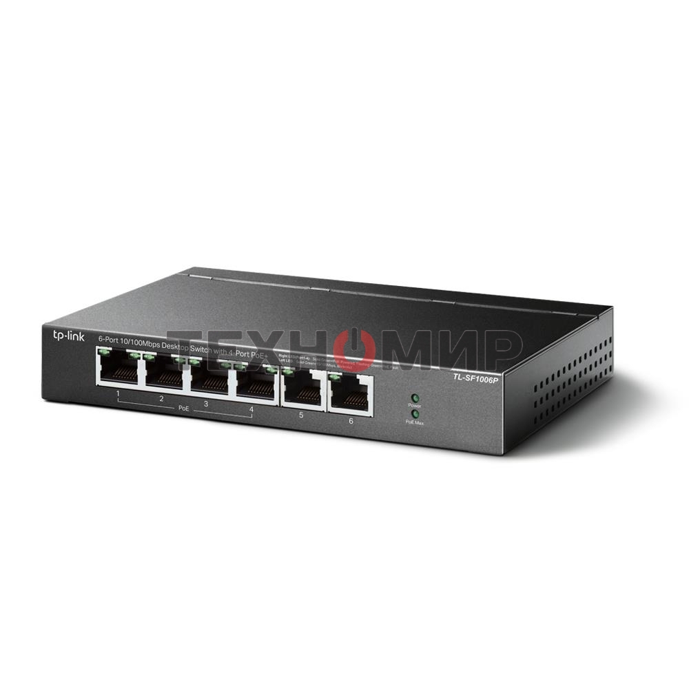 Коммутатор TP-Link 4-port 10/100Mbps Unmanaged PoE+ Switch with 2 10/100Mbps uplink ports, meta case, desktop mount, 4 802.3af/at compliant PoE+ port, 2 10/100Mbps uplink ports, DIP switches for Extend mode, Isolation mode and Priority mode, up to 250m Po