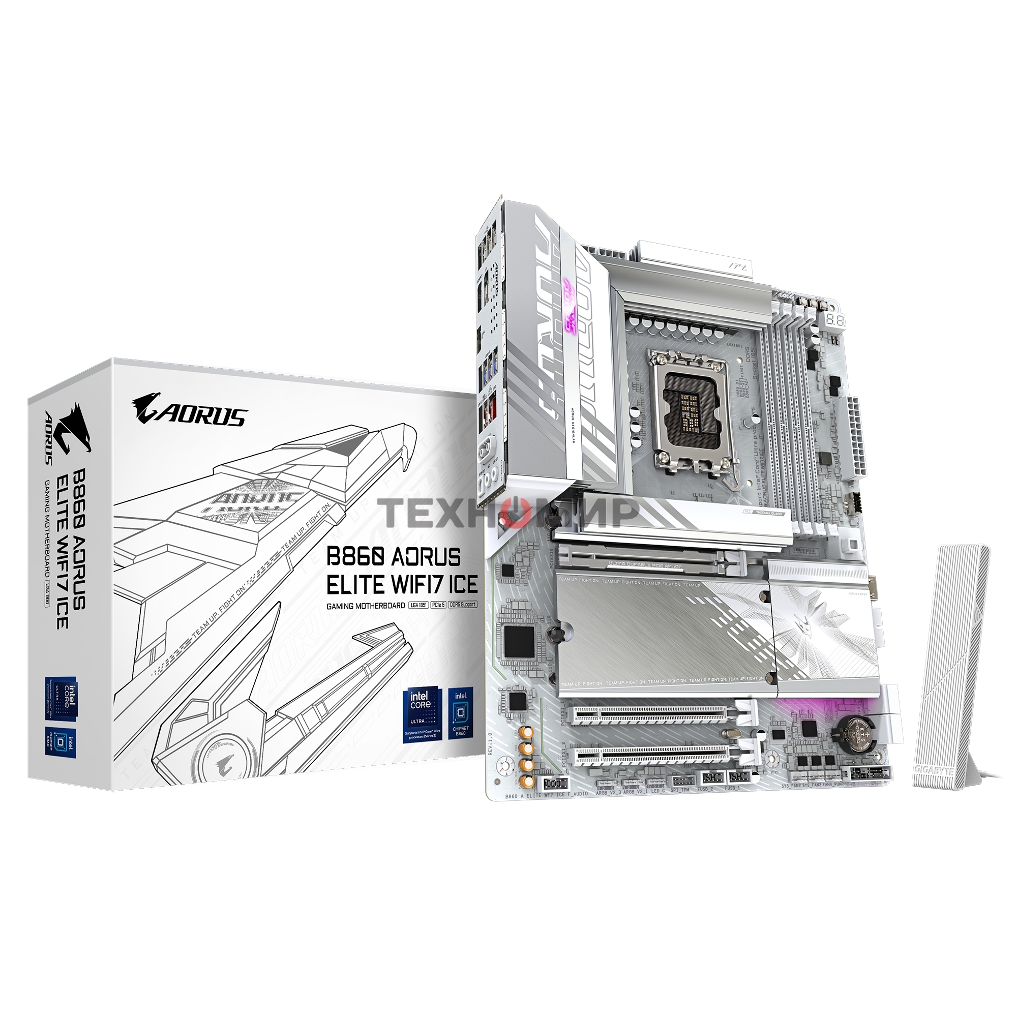 Материнская плата Gigabyte B860 AORUS ELITE WIFI7 ICE, LGA 1851, Intel B860, 4xDDR5, 4xSATA, 3xM.2, 1xPCIe 5.0 x16, 2xPCIe 4.0 x1, 1xHDMI, 2xDP, 1x 2.5Gb LAN, 6xUSB-A 3.2, 1xUSB-C 3.2, 4xUSB-A 2.0, 2x3.5 мм, 7.1, ATX