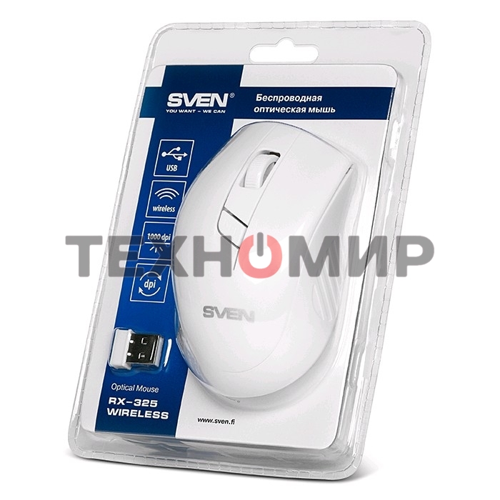 Мышь беспроводная SVEN RX-325 белый, 1000 dpi, радиоканал, USB, кнопки - 4