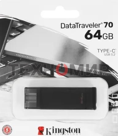 Флешка USB Kingston DataTraveler DT70 (DT70/64Gb), 64Gb, USB-C 3.2 Gen 1, R/W 70/45, черный
