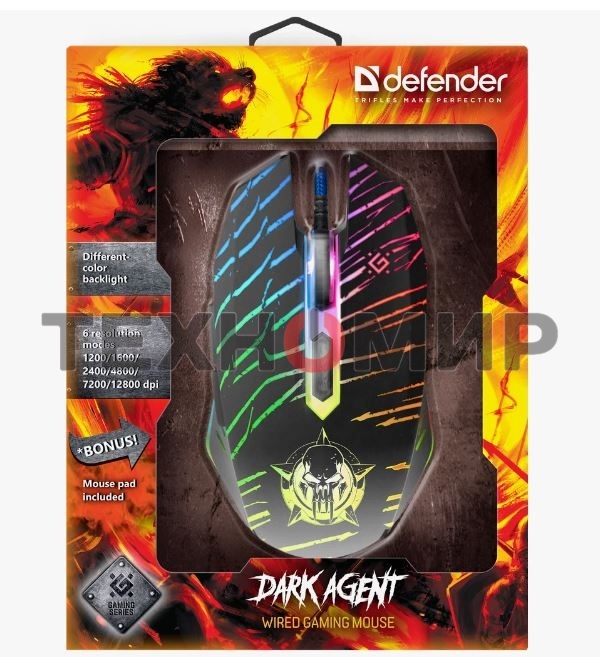 Мышь проводная Defender Dark Agent GM-590L черный, 12800 dpi, USB, кнопки - 6