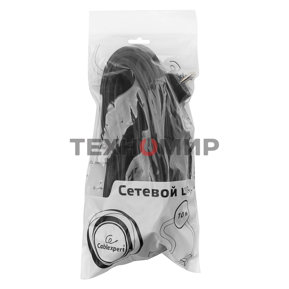Кабель питания Cablexpert PC-186-1-10M, 10м, Schuko- C13, 3x1кв.мм, черный, с заземлением, пакет