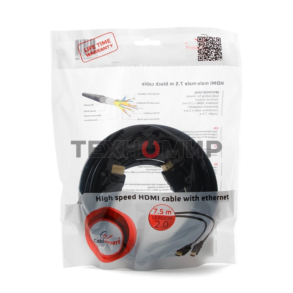 Кабель Cablexpert HDMI CC-HDMI4-7.5M, 19M/19M, v2.0, медь, позол.разъемы, экран, 7.5м, черный, пакет