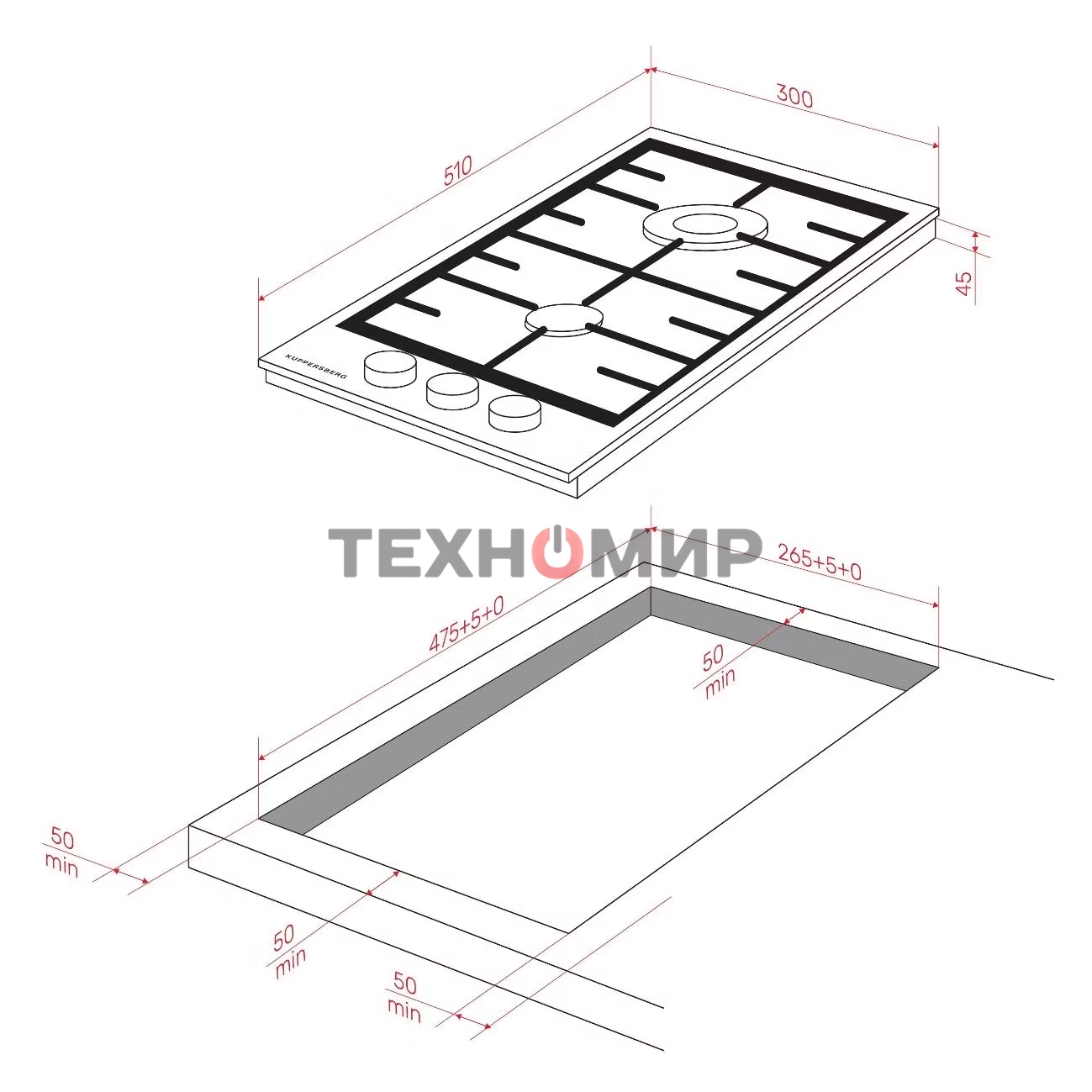 Газовая варочная панель Kuppersberg FG 36 B газ, High-Tech, 30 см, автоматический электроподжиг, газ-контроль, форсунки под сжиженый газ, SABAF конфорки, чугунные решетки, цвет черный, цвет фурнитуры черный