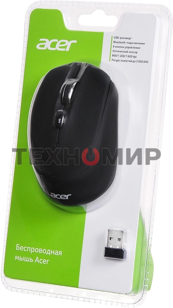 Мышь беспроводная Acer OMR050 черный, 1600 dpi, радиоканал, Bluetooth, USB, кнопки - 6