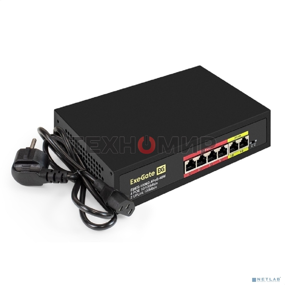 Коммутатор неуправляемый ExeGate EDES-1006D.4PoE-48W (6-портовый UTP 10/100 Base-Tx: 4 порта 802.3af (PoE), мощность PoE: 25W, суммарно 48W, 2 порта RJ45 uplink, настенный/настольный, металлический корпус)