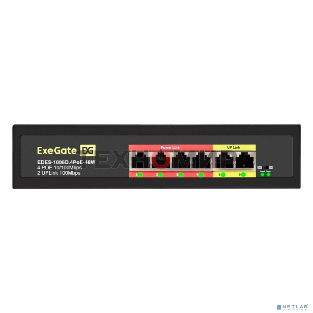 Коммутатор неуправляемый ExeGate EDES-1006D.4PoE-48W (6-портовый UTP 10/100 Base-Tx: 4 порта 802.3af (PoE), мощность PoE: 25W, суммарно 48W, 2 порта RJ45 uplink, настенный/настольный, металлический корпус)
