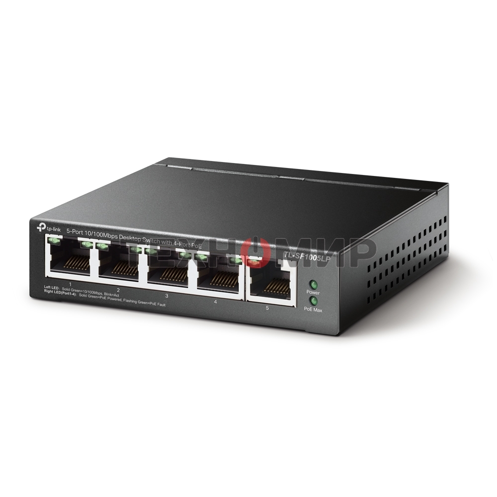 Коммутатор 5-Port 10/100Mbps Unmanaged Switch with 4-Port PoE, meta case, desktop mount, PoE budget 41W.