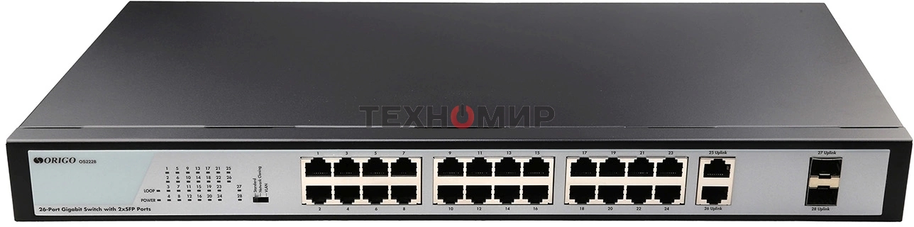 Коммутатор неуправляемый ORIGO 26x1000Base-T, 2x1000Base-X SFP, комплект для установки в 19