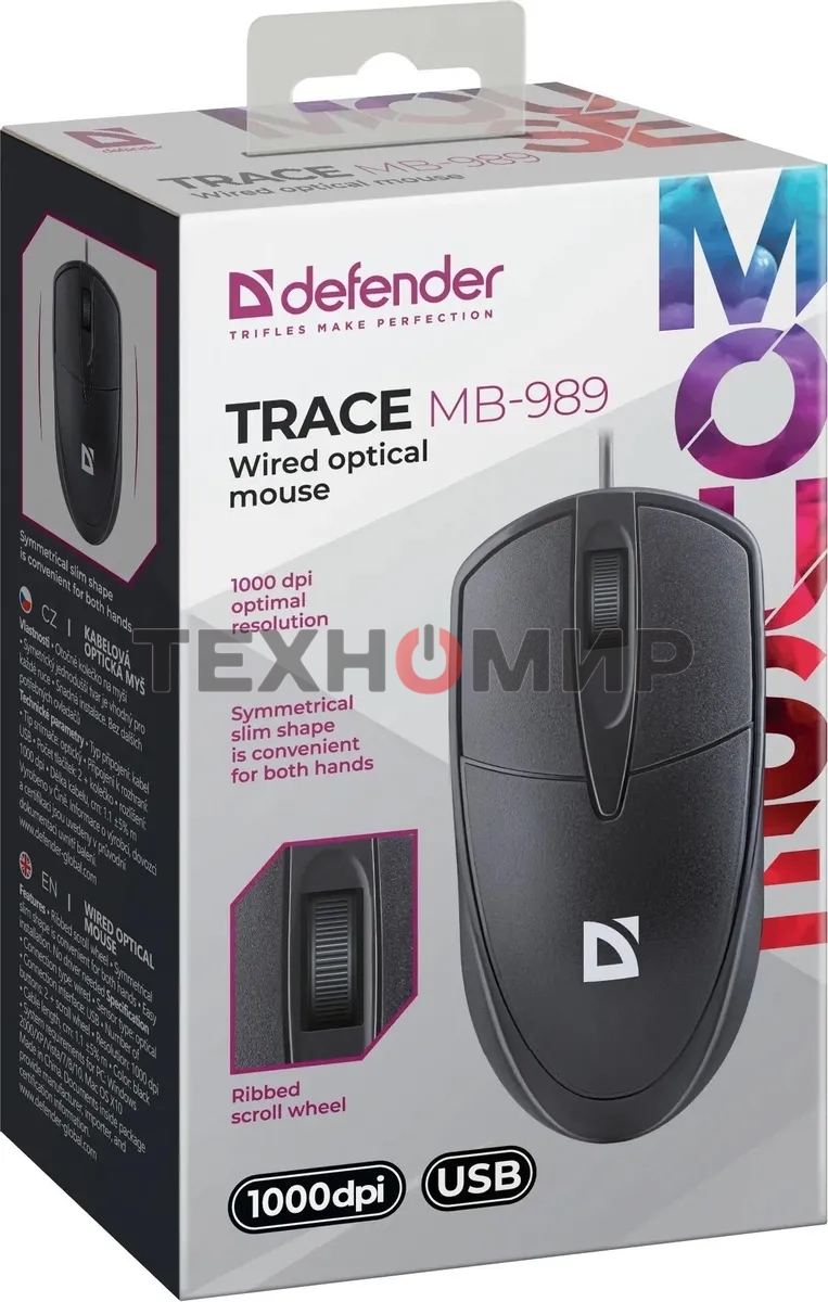 Мышь проводная Defender Trace MB-989 черный, 1000 dpi, USB, кнопки - 3