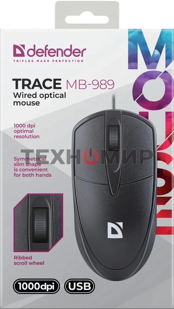 Мышь проводная Defender Trace MB-989 черный, 1000 dpi, USB, кнопки - 3