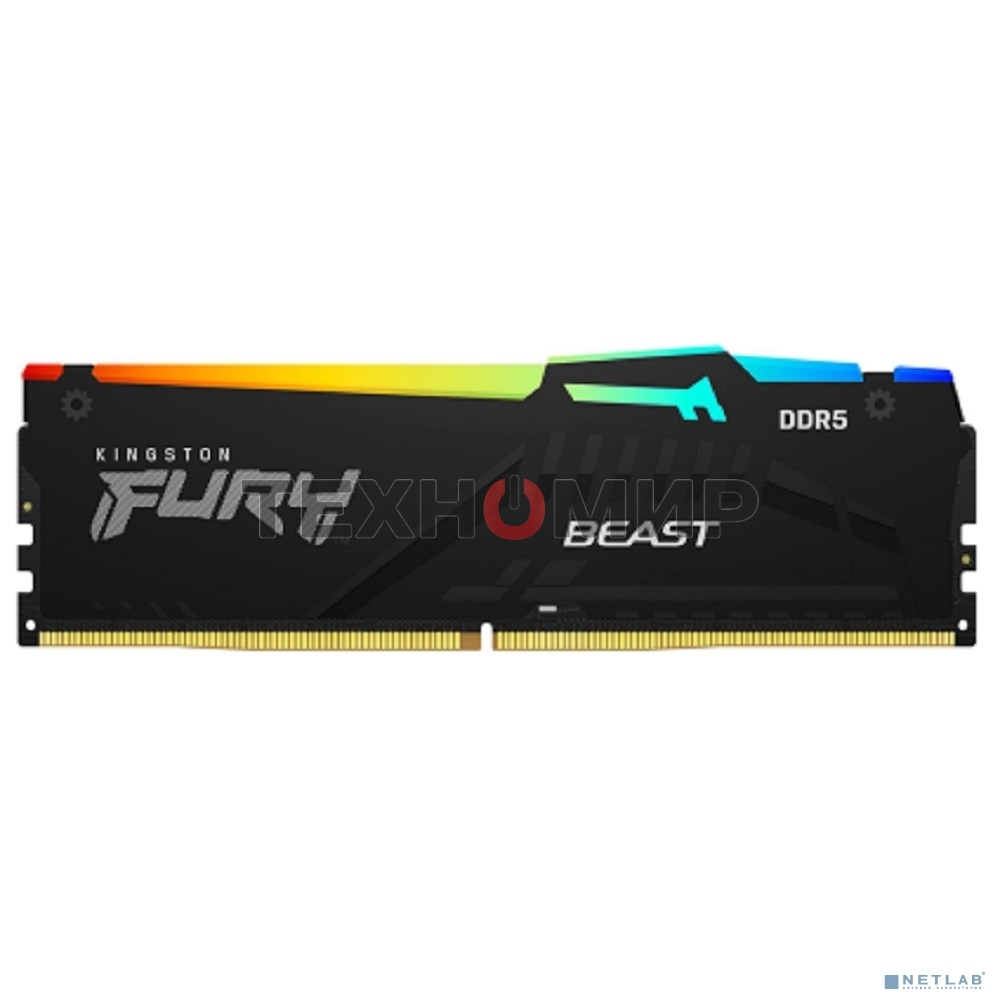 Оперативная память Kingston Fury Beast, DDR5, 16Gb (1x16GB), 6000MHz, CL36, DIMM, с радиатором, RGB, черный