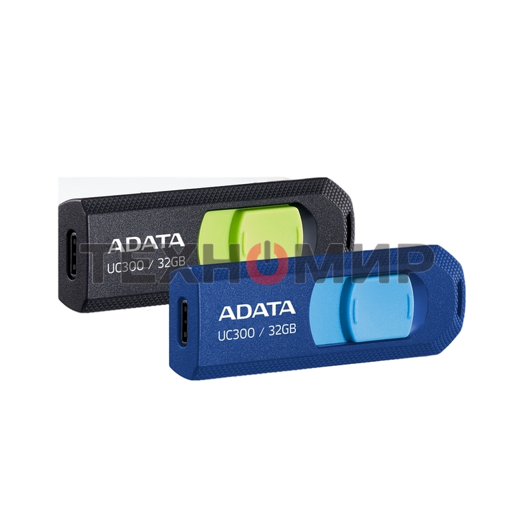 Флешка USB ADATA UC300 (ACHO-UC300-32G-RBK/GN), 32Gb, Type-C USB 3.2, R/W 100/30, черный/зеленый